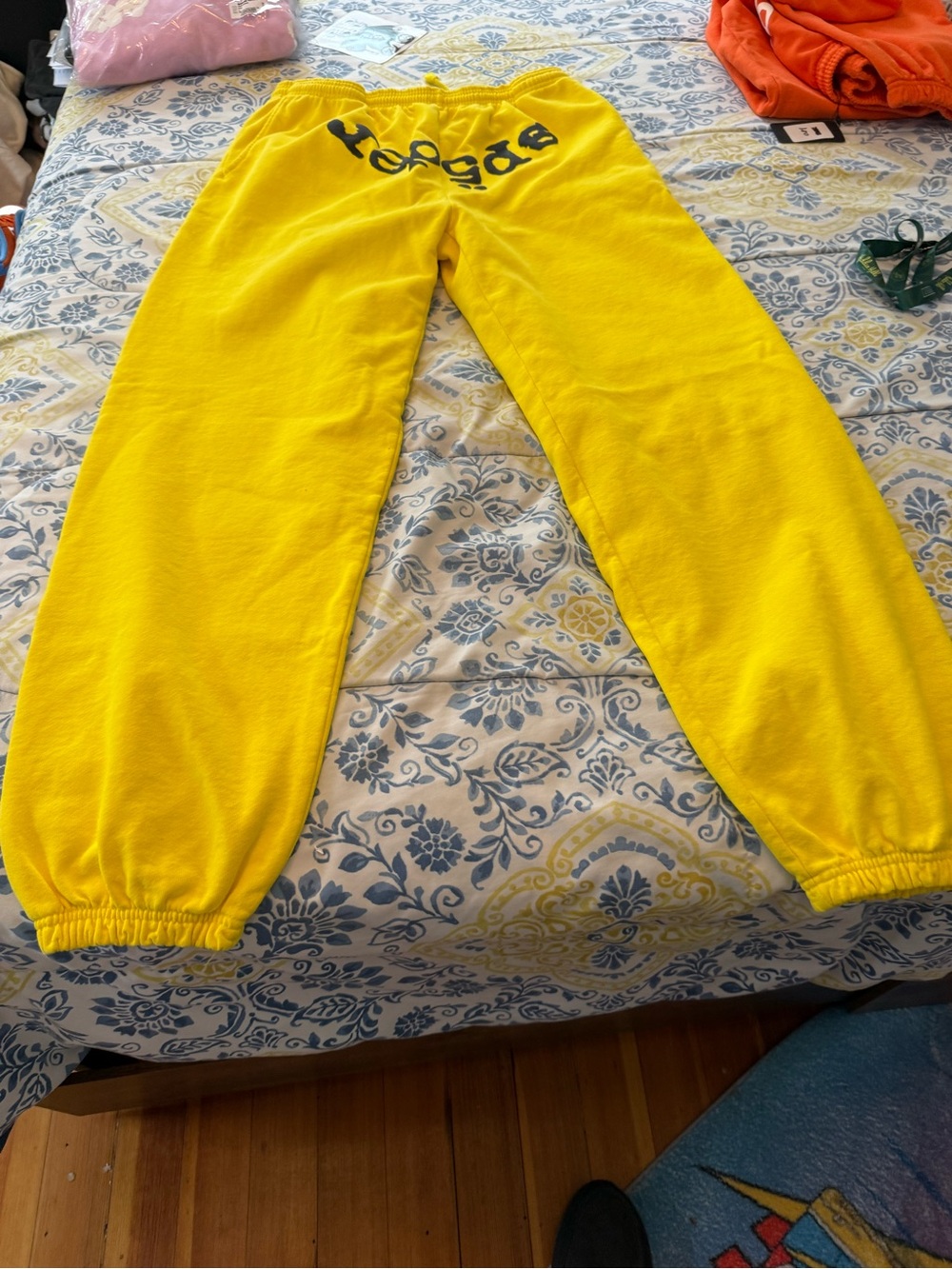 Sp5der Mens Yellow Fleece Sweatpants with Logo Waistband